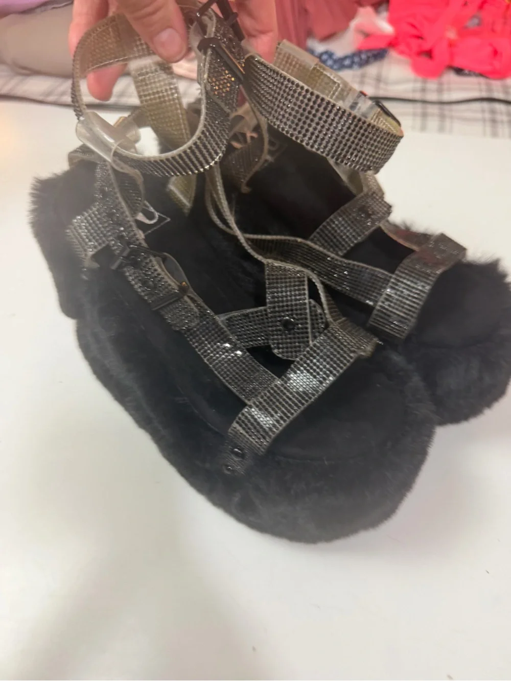 Y.R.U. X Dolls Kill Black Gravity Bling FauxFur Rhinestone Platform Sandal NWT 7